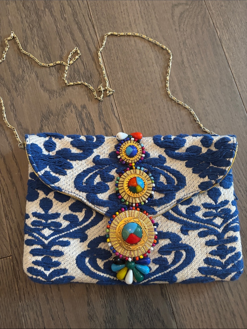 Embroidered Blue & White Beaded Crossbody Clutch